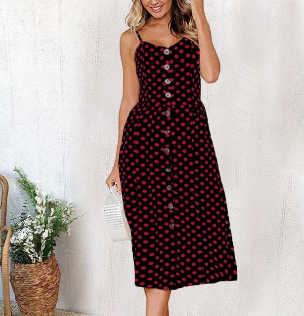 Vintage Casual Sundress Beach Midi Button Backless Polka Dot Striped Floral Dress for Women