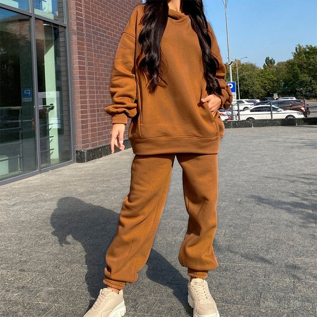 Women Elegant Solid Sets For Women Warm Hoodie Sweatshirts And Long Pant Fashion Two Piece Sets Ladies