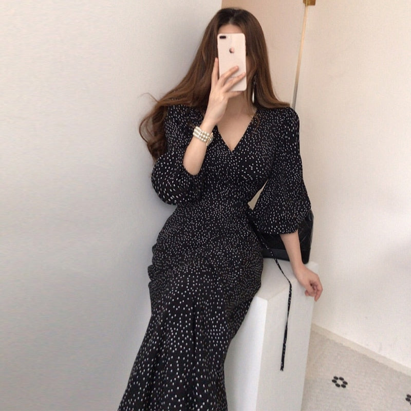 Sundress Elegant Spring Summer Commuter Black V-Neck Women's Dress Korean Clothing Vintage One Piece Bandage Dress Femme Robe