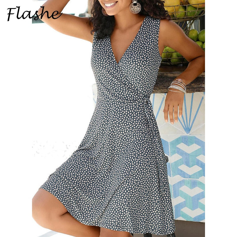 New Casual Polka Dot Dress Women V Neck Sleeveless Bandage Beach Dress Summer Bohemian Dresses For Women Plus Size Clothes S-5XL