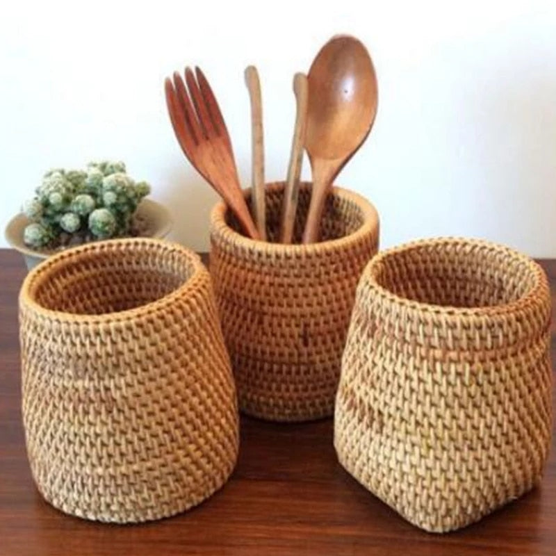 Manual Rattan Chopsticks Tube Shovel Spoons Bucket Dinner Knives Forks Tableware Storage Box Home Storage Baskets Organizer