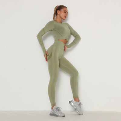 SALSPOR 2Pcs/Set Seamless Suit Women Long Sleeve Fitness Tops Female Casual High Waist Push Up Leggings Workout Sets Feminine