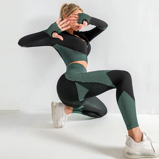 SALSPOR Seamless Fitness Set Women Slim Workout Tops High Waist Push Up Leggings Suits Female Long Sleeve Zipper Tops Feminine