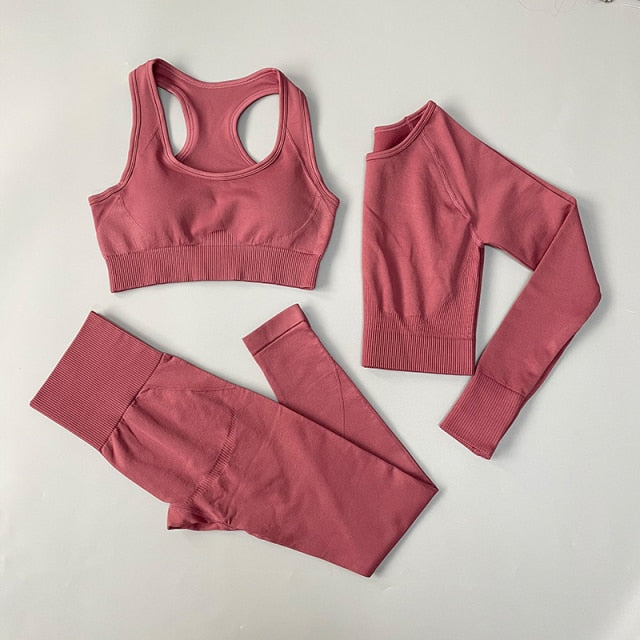 Seamless Women Yoga Set Gym Clothes Fitness Long Sleeve Crop Top High Waist Leggings Sports Suit