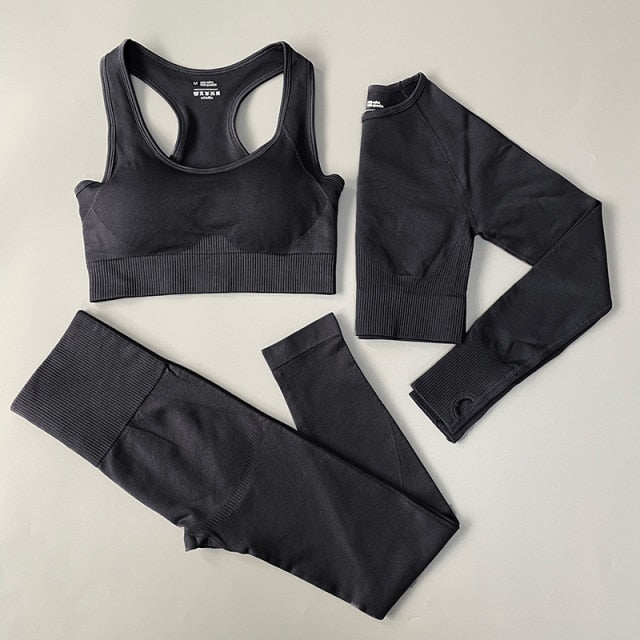 Seamless Women Yoga Set Gym Clothes Fitness Long Sleeve Crop Top High Waist Leggings Sports Suit