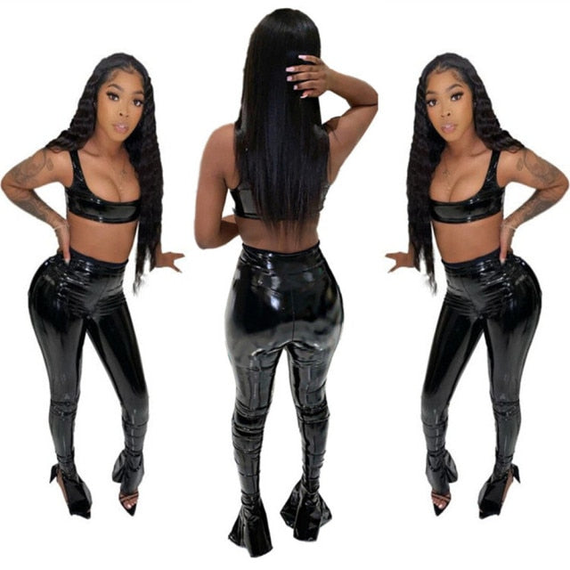 RT Casual Women PU Leather Tracksuit Two Pieces Set Tank Crop Top Long Legs Slit Pants 2 Pieces Set Faux Leather Sports Suit