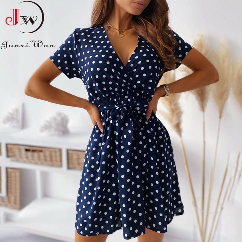 Short Sleeve Polka Dot Summer Dress Women V Neck Sexy Split A-Line Mini Party Dress Vestidos Casual Bohemian Beach Short Dress