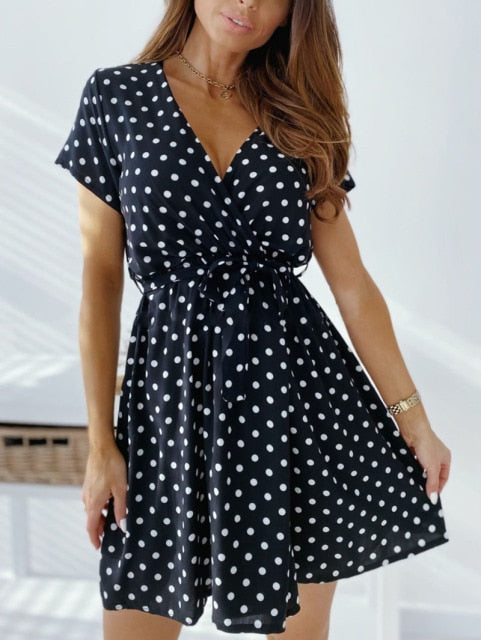 Short Sleeve Polka Dot Summer Dress Women V Neck Sexy Split A-Line Mini Party Dress Vestidos Casual Bohemian Beach Short Dress