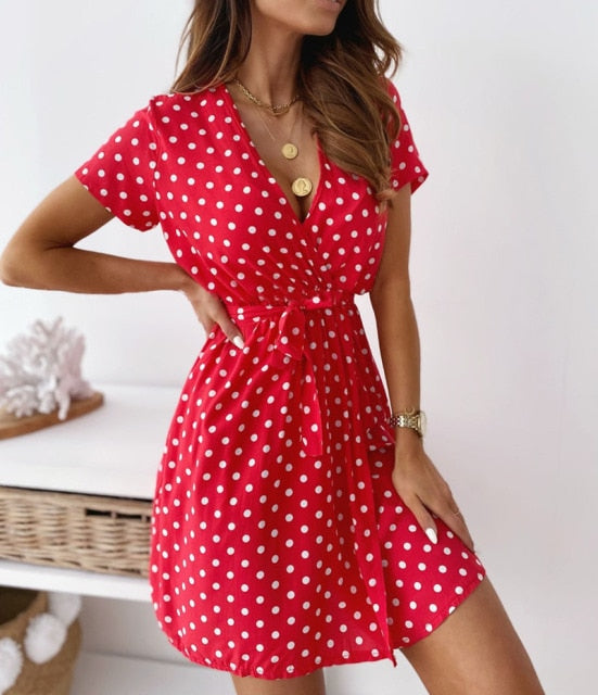 Short Sleeve Polka Dot Summer Dress Women V Neck Sexy Split A-Line Mini Party Dress Vestidos Casual Bohemian Beach Short Dress