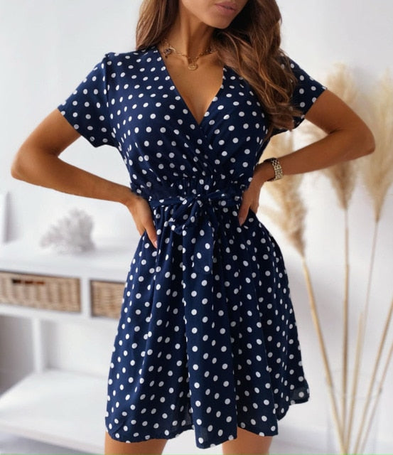 Short Sleeve Polka Dot Summer Dress Women V Neck Sexy Split A-Line Mini Party Dress Vestidos Casual Bohemian Beach Short Dress