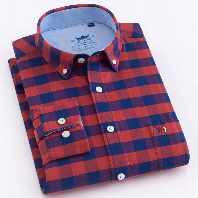 Men&#39;s Thick Casual Oxford Button-down Cotton Shirts Single Patch Pocket Comfortable Long Sleeve Standard-fit Plaid Striped Shirt