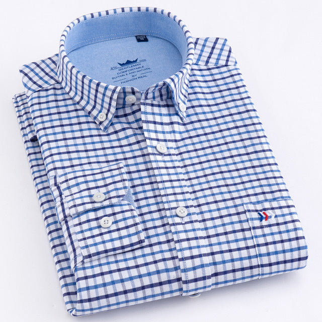 Men&#39;s Thick Casual Oxford Button-down Cotton Shirts Single Patch Pocket Comfortable Long Sleeve Standard-fit Plaid Striped Shirt