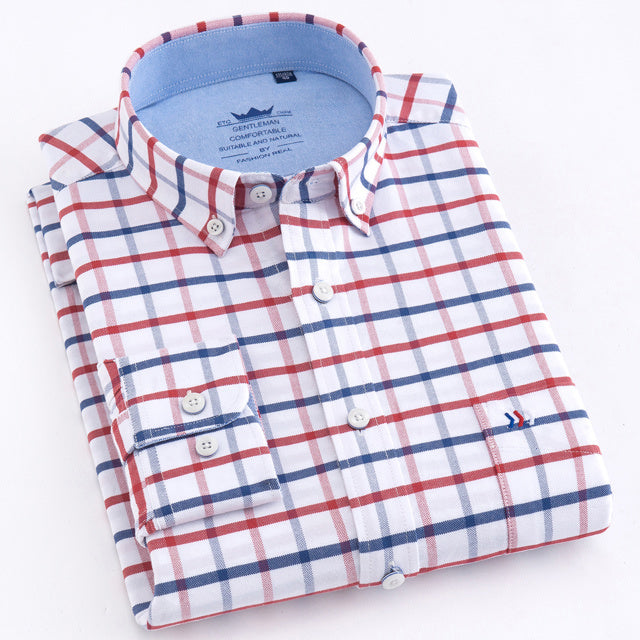 Men&#39;s Thick Casual Oxford Button-down Cotton Shirts Single Patch Pocket Comfortable Long Sleeve Standard-fit Plaid Striped Shirt