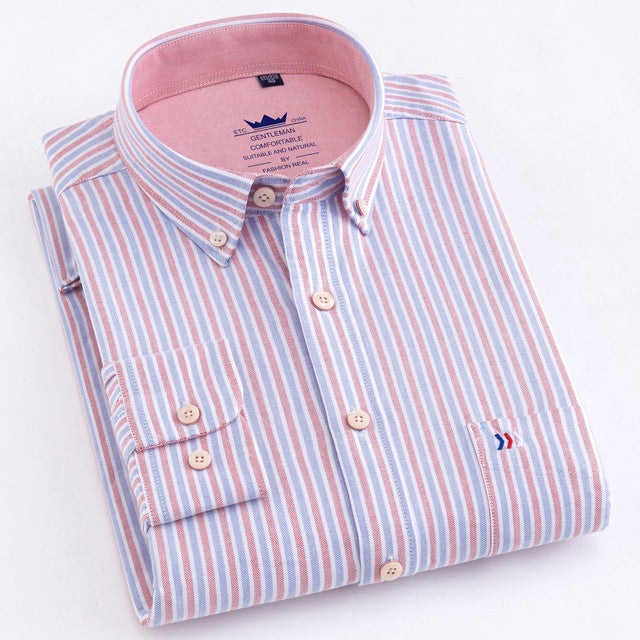 Men&#39;s Thick Casual Oxford Button-down Cotton Shirts Single Patch Pocket Comfortable Long Sleeve Standard-fit Plaid Striped Shirt