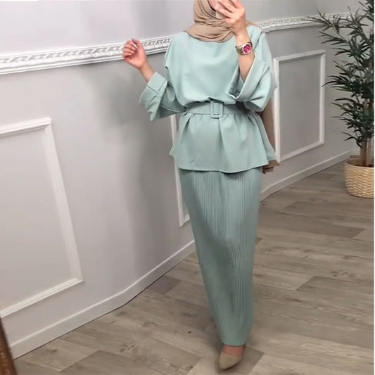 Eid Ramadan Two Piece Matching Outfit Muslim Sets Women Fashion Tops Belted Dress Pleated Skirt Suit Islam Dubai Turkey Clothing