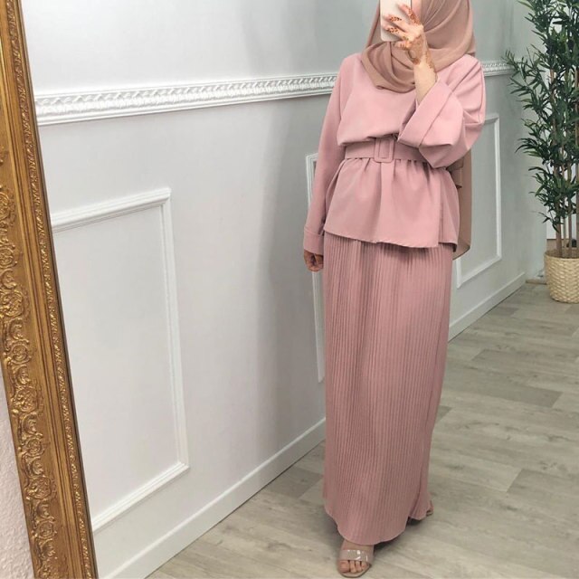 Eid Ramadan Two Piece Matching Outfit Muslim Sets Women Fashion Tops Belted Dress Pleated Skirt Suit Islam Dubai Turkey Clothing