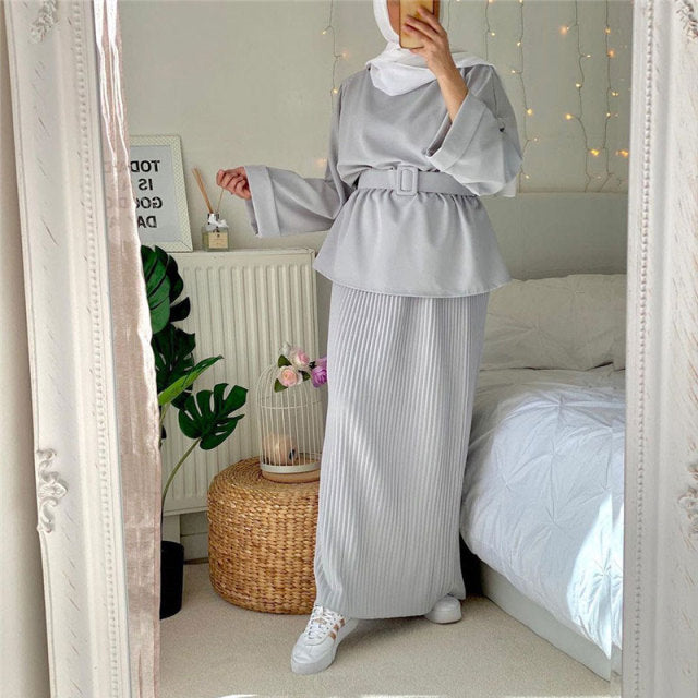 Eid Ramadan Two Piece Matching Outfit Muslim Sets Women Fashion Tops Belted Dress Pleated Skirt Suit Islam Dubai Turkey Clothing