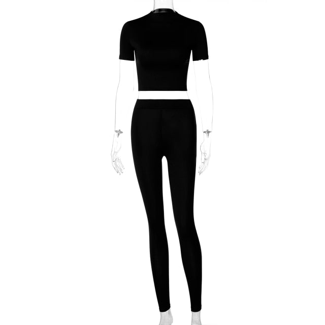 Dulzura Solid Women Two Piece Set Short Sleeve Gym Top Crops Leggings Skinny Sporty Tracksuit 2021 Spring Summer Outfit Matching