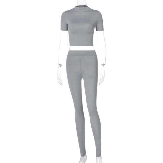 Dulzura Solid Women Two Piece Set Short Sleeve Gym Top Crops Leggings Skinny Sporty Tracksuit 2021 Spring Summer Outfit Matching