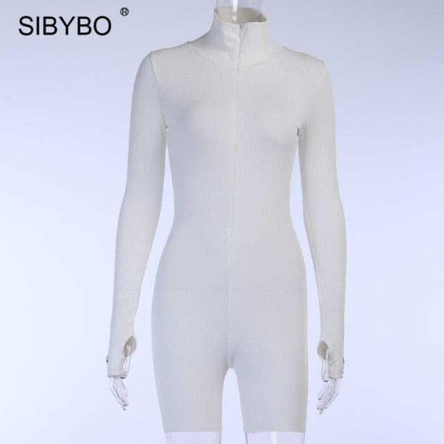 Sibybo Ribbed Turtleneck Sport Wear Casual Jumpsuit Women Letter Embroidery Skinny Sexy Playsuit Female Fitness Rompers Overalls