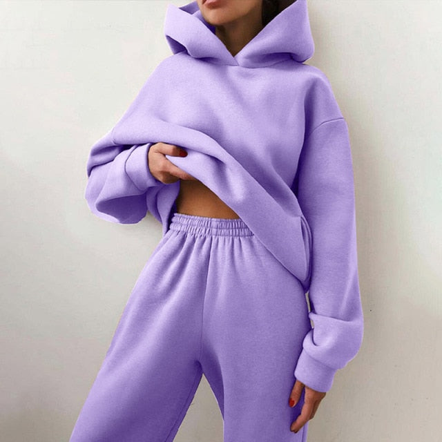 Women Elegant Solid Sets For Women Warm Hoodie Sweatshirts And Long Pant Fashion Two Piece Sets Ladies