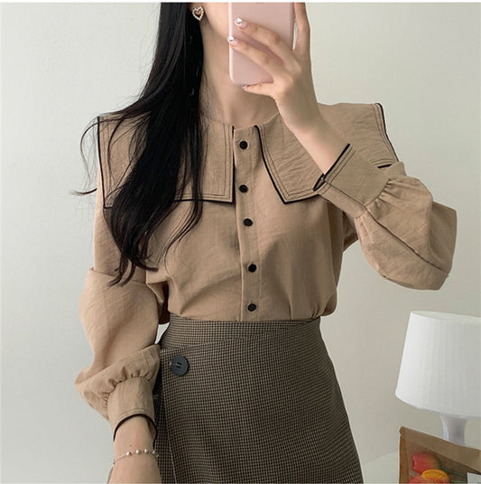 New Vintage solid brown Shirt female Oversize Tops Women Long sleeve Girls Blouse New Autumn Women Blouses femme Blusas