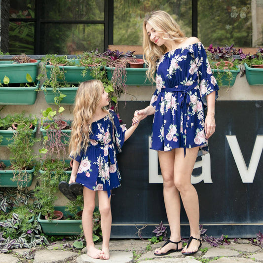 Ma&amp;Baby Family Clothing Matching Outfits Flower Print Dress Mother And Daughter Clothes Off Shoulder Summer Dresses Family Look