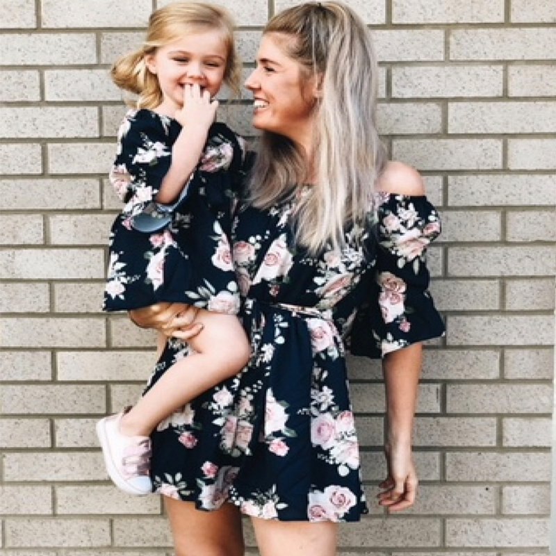 Ma&amp;Baby Family Clothing Matching Outfits Flower Print Dress Mother And Daughter Clothes Off Shoulder Summer Dresses Family Look