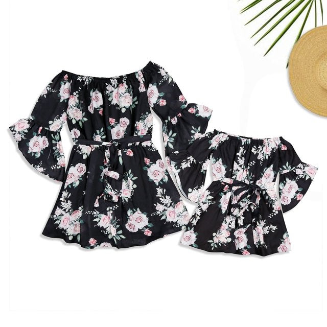 Ma&amp;Baby Family Clothing Matching Outfits Flower Print Dress Mother And Daughter Clothes Off Shoulder Summer Dresses Family Look