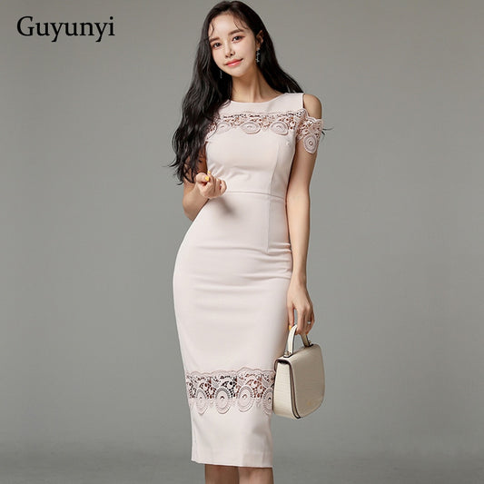 Pink Office Elegant Dress 2021 Summer Temperament Hollow Decorative Lace Stitching High Waist Tight Party Women's Dresses