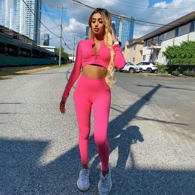 Women’s 2 Two Piece Set Long Sleeve Crop Tops T-shirt Leggings Fitness Tracksuit