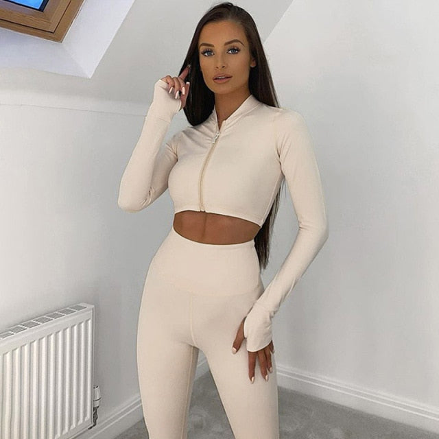 Women’s 2 Two Piece Set Long Sleeve Crop Tops T-shirt Leggings Fitness Tracksuit