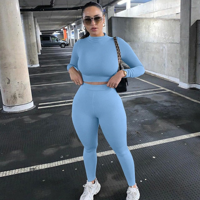 Two Piece Set Women Sport Fitness, Long Sleeve, Solid Crop Tops Leggings and Pants Set Bodycon Tracksuit