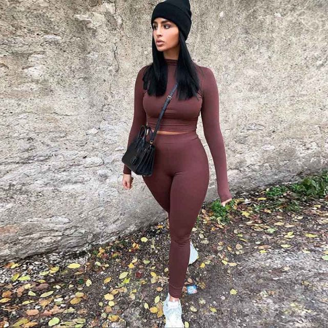 Two Piece Set Women Sport Fitness, Long Sleeve, Solid Crop Tops Leggings and Pants Set Bodycon Tracksuit