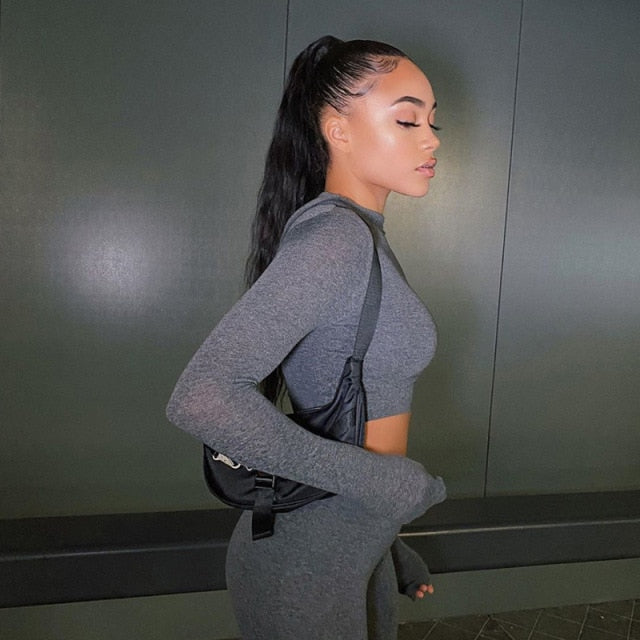 Two Piece Set Women Sport Fitness, Long Sleeve, Solid Crop Tops Leggings and Pants Set Bodycon Tracksuit