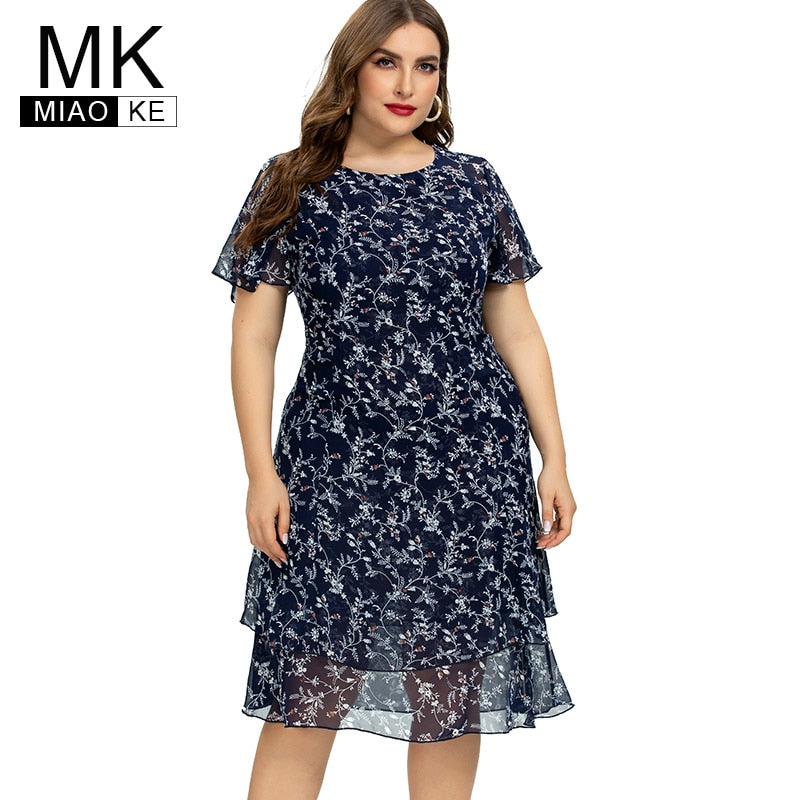 Women’s  Plus Size Print Flower Chiffon Fashion Dress