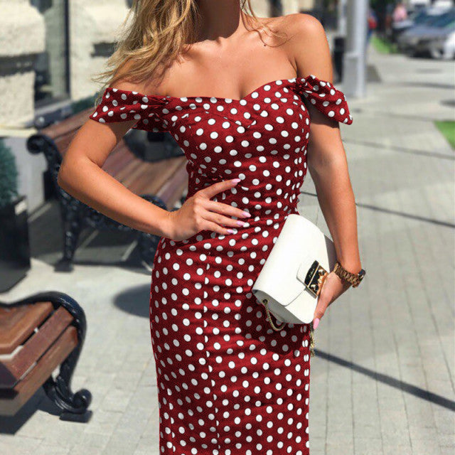 Elegant Bodycon  Off Shoulder Polka Dot Sexy Party Dress for Women