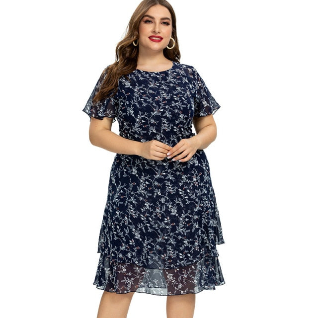 Women’s  Plus Size Print Flower Chiffon Fashion Dress