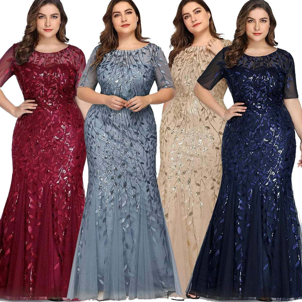 Plus Size Sequin Mesh Mermaid Slim Evening Dress Beaded Leaves Pattern Formal  Women Elegant Party Prom Gowns Short Sleeve