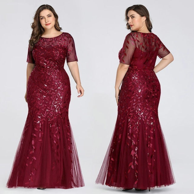 Plus Size Sequin Mesh Mermaid Slim Evening Dress Beaded Leaves Pattern Formal  Women Elegant Party Prom Gowns Short Sleeve