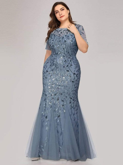 Plus Size Sequin Mesh Mermaid Slim Evening Dress Beaded Leaves Pattern Formal  Women Elegant Party Prom Gowns Short Sleeve