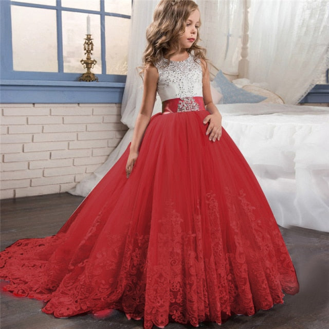 Red Girl Lace Embroidery Christmas Birthday Party Dress Flower Wedding Gown Formal Kids Dresses For Girls Teen Clothes 6 14 Yrs