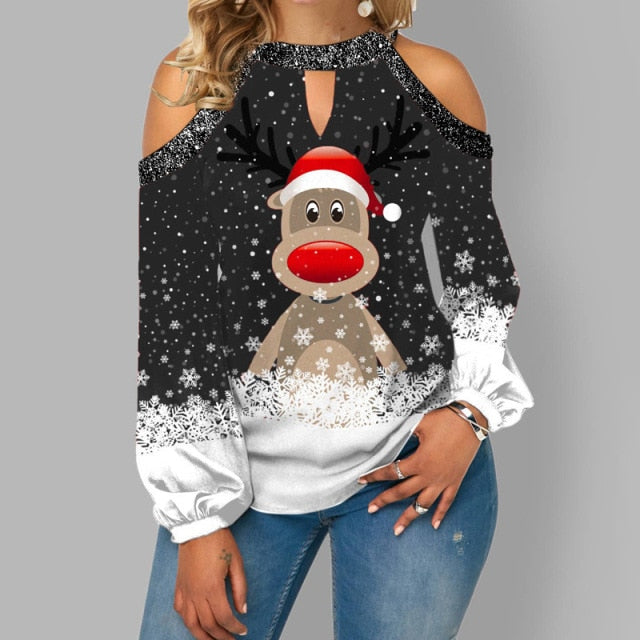 New 2021 Women Christmas Elk Print T Shirt Casual Off Shoulder Loose Pullover Tops Fashion Long Puff Sleeve Lady Winter Clothes