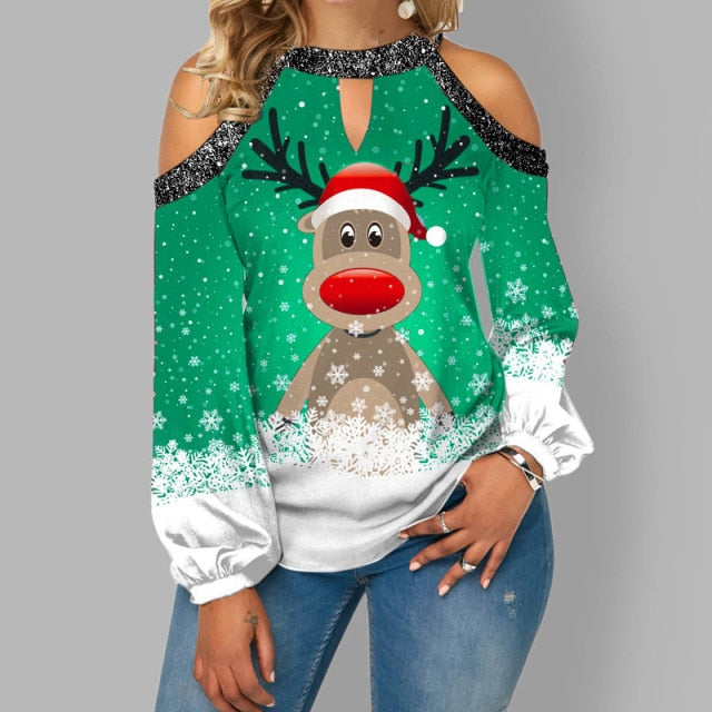 New 2021 Women Christmas Elk Print T Shirt Casual Off Shoulder Loose Pullover Tops Fashion Long Puff Sleeve Lady Winter Clothes