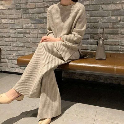 REALEFT 2021 Autumn Winter 2 Pieces Women Sets Knitted Tracksuit O-Neck Split Sweater and Wide Leg Jogging Pants Pullover Suits