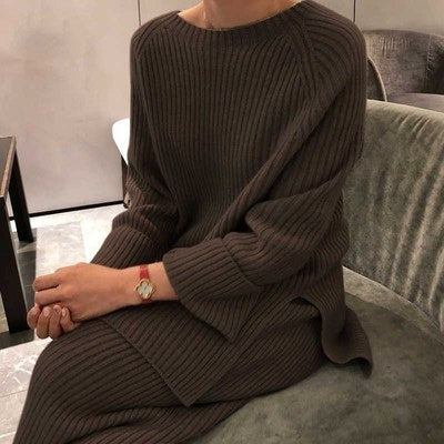 REALEFT 2021 Autumn Winter 2 Pieces Women Sets Knitted Tracksuit O-Neck Split Sweater and Wide Leg Jogging Pants Pullover Suits