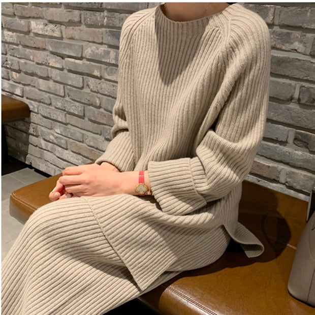 REALEFT 2021 Autumn Winter 2 Pieces Women Sets Knitted Tracksuit O-Neck Split Sweater and Wide Leg Jogging Pants Pullover Suits