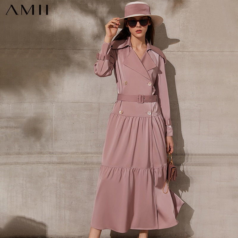 Amii Minimalism Spring New Women's Coat Causal Solid Lapel Bouble Bresated Long Women Trench Coat Female Dress 12140014