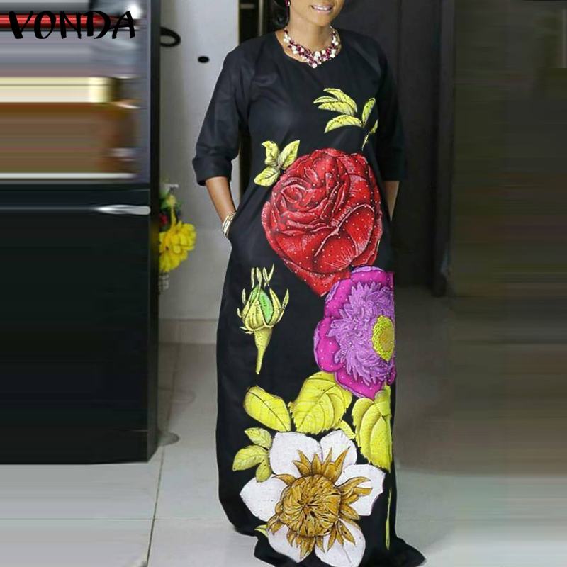 Bohemian Dress 2021 VONDA Autumn Women Long Sleeve Party Dress Casual Loose Floral Print Maxi Dress Vestido Robe Femme Plus Size