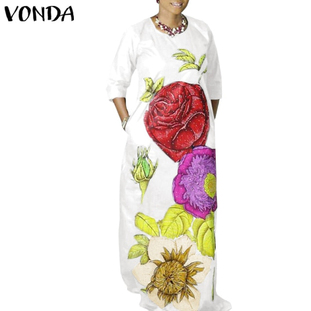 Bohemian Dress 2021 VONDA Autumn Women Long Sleeve Party Dress Casual Loose Floral Print Maxi Dress Vestido Robe Femme Plus Size